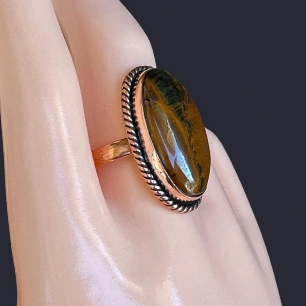 Natural Tiger’s Eye Copper Twisted Rope Ring Sz 10